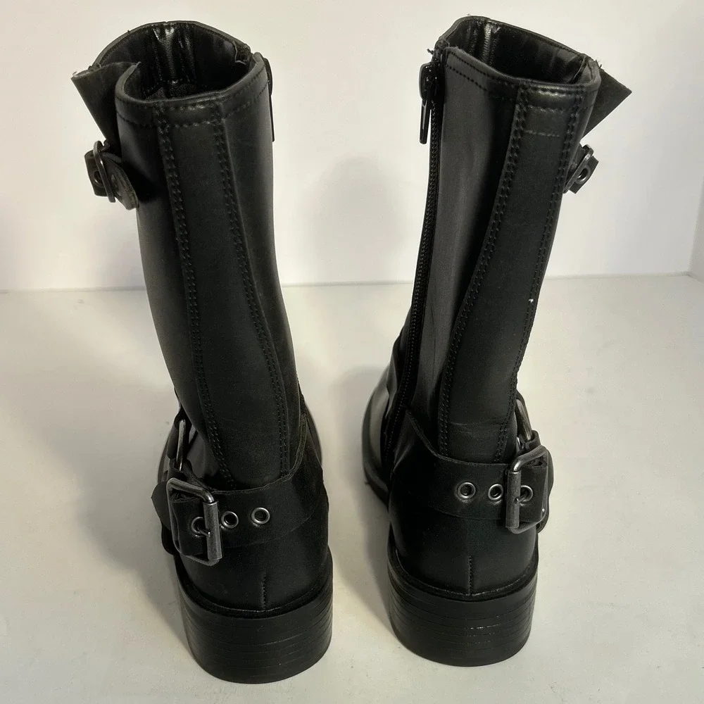 Steve Madden Beckky Black Faux Leather Buckle Moto Biker Boots Size 1‎